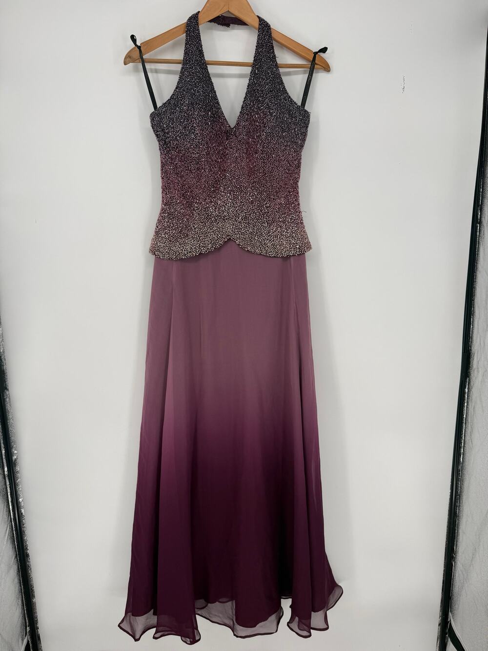 Cassandra Stone Silk Ombre Formal Dress Gown Beaded Halter Magenta Wine Size 4